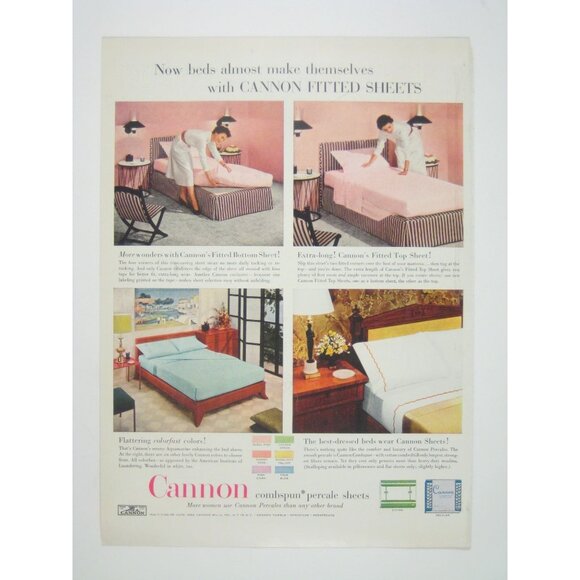 Vintage Cannon Percale Fitted Sheets Ad Print MOD Home Decor - Picture 1 of 2